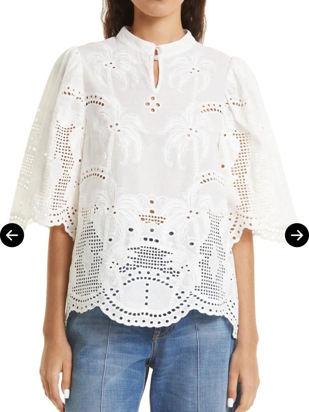 White Greek Eyelet Palm-Embroidered Short Sleeve Blouse